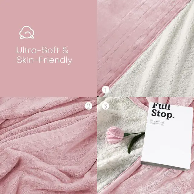 Alt view image 5 of 6 - Electric Heated Blanket Throw Size 50"x60" - Flannel & Sherpa Fabric Dual-Sided, 6 Heat Settings & 3 Hours Auto Off, Soft & Cozy Warming Throw for Home, Office, or Bed, Machine Washable, Light Pink