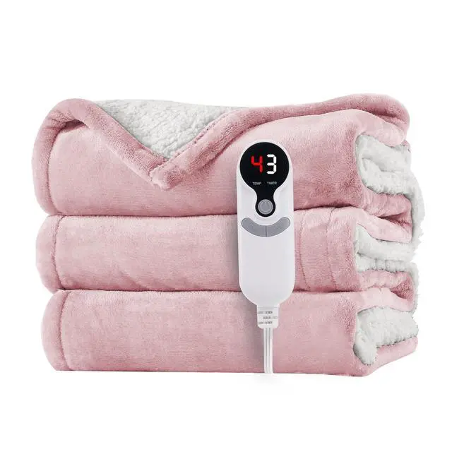 Alt view image 6 of 6 - Electric Heated Blanket Throw Size 50"x60" - Flannel & Sherpa Fabric Dual-Sided, 6 Heat Settings & 3 Hours Auto Off, Soft & Cozy Warming Throw for Home, Office, or Bed, Machine Washable, Light Pink