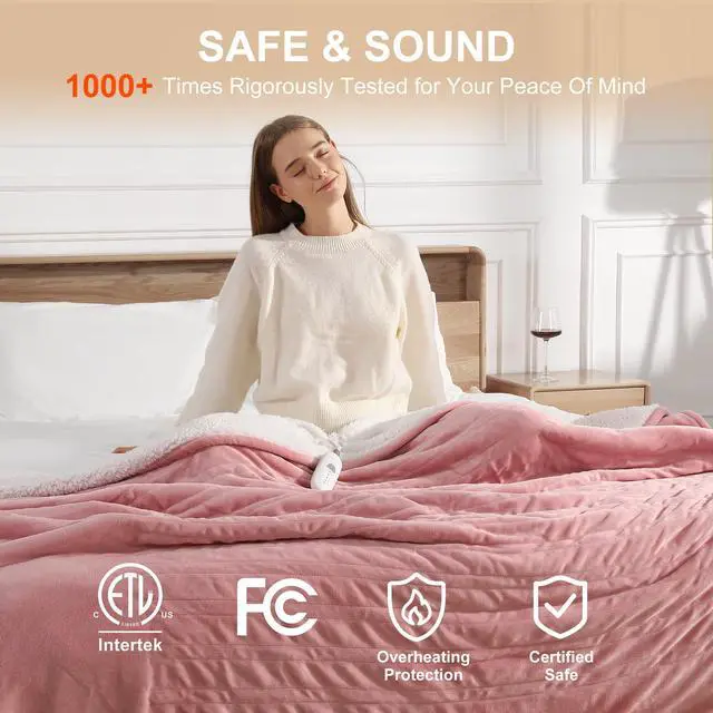 Alt view image 5 of 7 - Heating Blanket Heated Throw Blanket 50''X60'' - Electric Throw Pink Ultra Warm Fluffy Electric Blanket for Recliner with 5 Heating Setting & 4 Hour Auto Off, ETL Certified & Overheat Protection