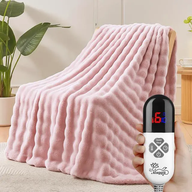 Main image of Electric Heated Blanket Throw 50"x60" Pink Ultra Soft Luxury Fluffy Faux Rabbit Fur Machine Washable 6 Heat Settings 4 Hours Auto Off Overheat Protection for Home Office Use