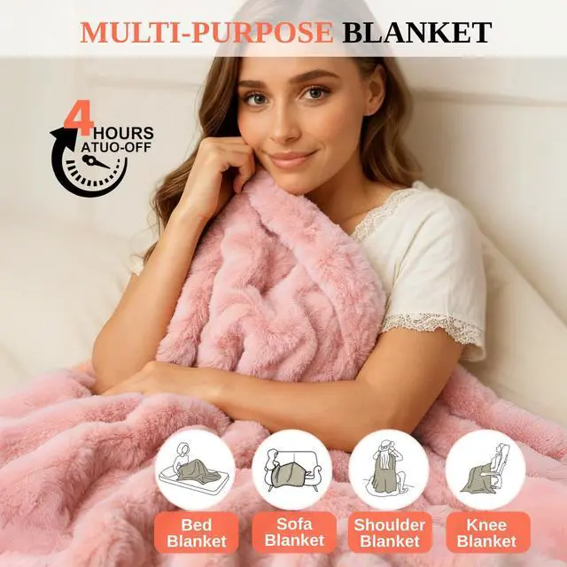 Alt view image 3 of 7 - Electric Heated Blanket Throw 50"x60" Pink Ultra Soft Luxury Fluffy Faux Rabbit Fur Machine Washable 6 Heat Settings 4 Hours Auto Off Overheat Protection for Home Office Use
