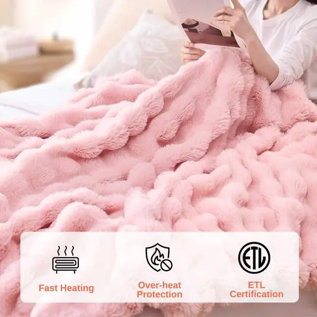 Alt view image 6 of 7 - Electric Heated Blanket Throw 50"x60" Pink Ultra Soft Luxury Fluffy Faux Rabbit Fur Machine Washable 6 Heat Settings 4 Hours Auto Off Overheat Protection for Home Office Use