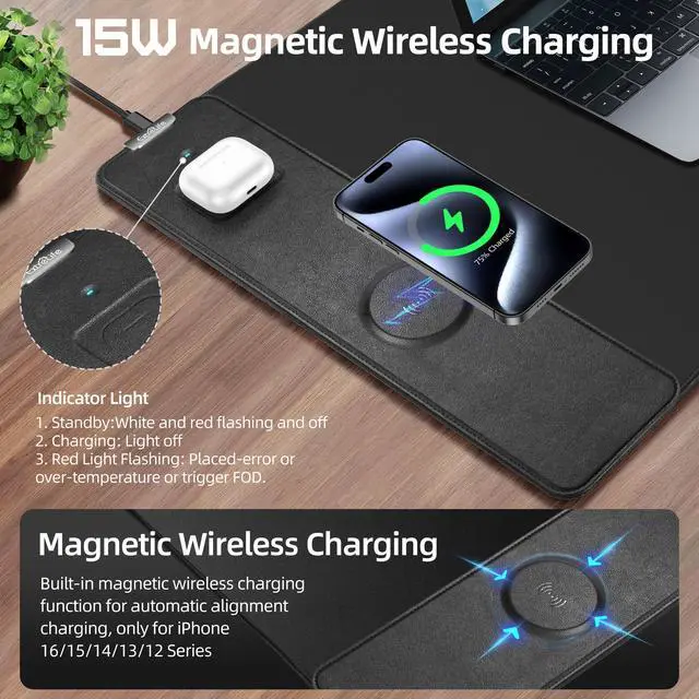 Alt view image 2 of 7 - Mouse Pad with Wireless Charging, Gaming Mouse Pad with Ultra-Smooth Surface, Large XXL Desk Mat, Non-Slip Mouse Mat, Waterproof Computer Keyboard Pad for Gaming, Desk, Office, PC, 800x400x4MM, Black