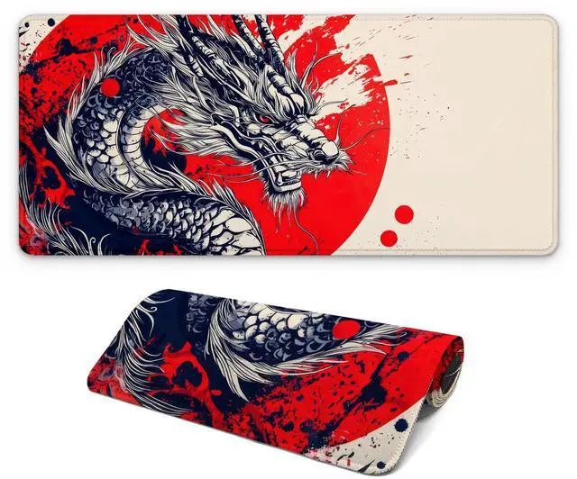 Main image of Japanese Dragon Gaming Mouse Pad with Non-Slip Rubber Base, Large Anime Mousepad with Stitched Edges, Long Keyboard Desk Mat for Home and Office, 31.5 x 11.8 inches