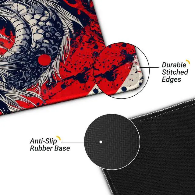 Alt view image 4 of 7 - Japanese Dragon Gaming Mouse Pad with Non-Slip Rubber Base, Large Anime Mousepad with Stitched Edges, Long Keyboard Desk Mat for Home and Office, 31.5 x 11.8 inches