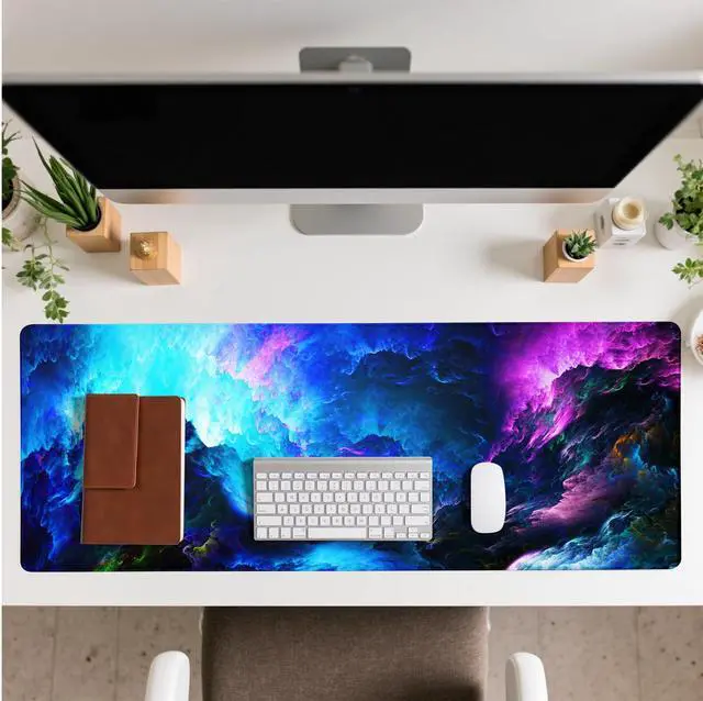 Alt view image 3 of 7 - Dazzling Galaxy Gaming Mouse Pad Blue Desk Mat XL Mouse Gaming Pads, Starry Sky Keyboard Pads Extra Large Desktop Computer Mats with Non-Slip Base & Stitched Edges, Vintage Office Decor 31.5x11.8
