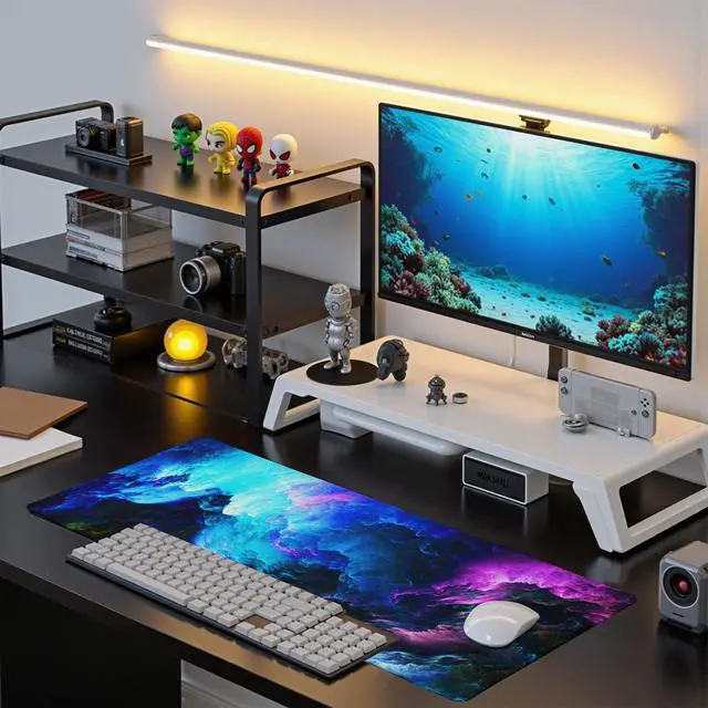 Alt view image 7 of 7 - Dazzling Galaxy Gaming Mouse Pad Blue Desk Mat XL Mouse Gaming Pads, Starry Sky Keyboard Pads Extra Large Desktop Computer Mats with Non-Slip Base & Stitched Edges, Vintage Office Decor 31.5x11.8