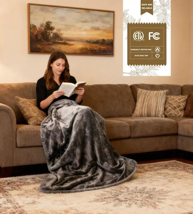 Alt view image 3 of 7 - COZYXWORLD Heated Electric Blanket Over Heated Protection Throws 9 Hours Auto Off ETL Certificated Blankets Grey 50×60