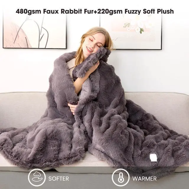 Alt view image 2 of 7 - Fotgear Heated Blanket Electric Throw - Soft Cozy Faux Fur Bubble Electric Blankets with 6 Time Settings, 8 Heating Levels, Fast Heating & Overheat Protection, Machine Washable (59" x 79", Gray)
