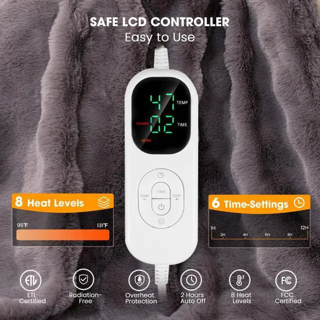 Alt view image 4 of 7 - Fotgear Heated Blanket Electric Throw - Soft Cozy Faux Fur Bubble Electric Blankets with 6 Time Settings, 8 Heating Levels, Fast Heating & Overheat Protection, Machine Washable (59" x 79", Gray)