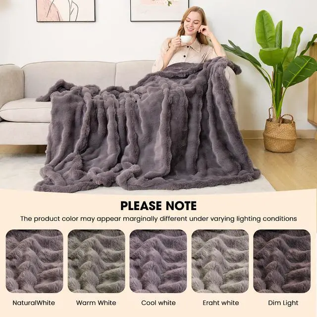 Alt view image 6 of 7 - Fotgear Heated Blanket Electric Throw - Soft Cozy Faux Fur Bubble Electric Blankets with 6 Time Settings, 8 Heating Levels, Fast Heating & Overheat Protection, Machine Washable (59" x 79", Gray)