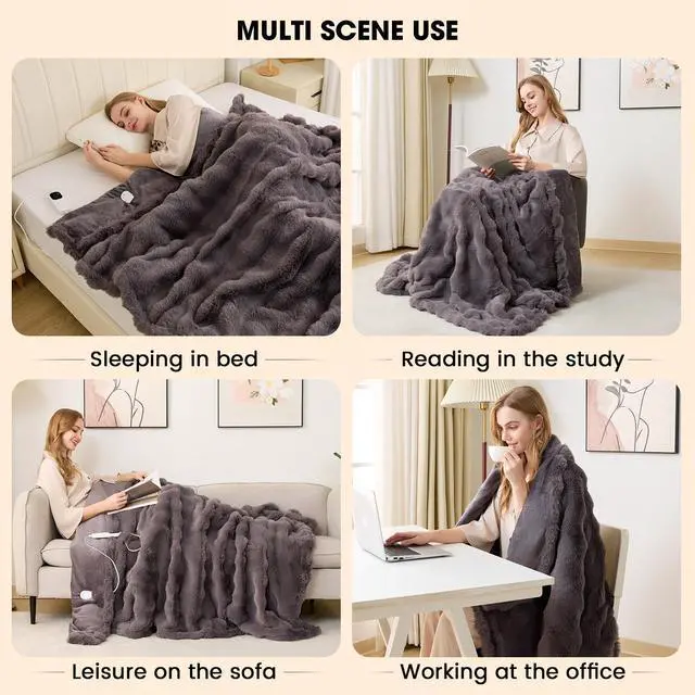 Alt view image 7 of 7 - Fotgear Heated Blanket Electric Throw - Soft Cozy Faux Fur Bubble Electric Blankets with 6 Time Settings, 8 Heating Levels, Fast Heating & Overheat Protection, Machine Washable (59" x 79", Gray)