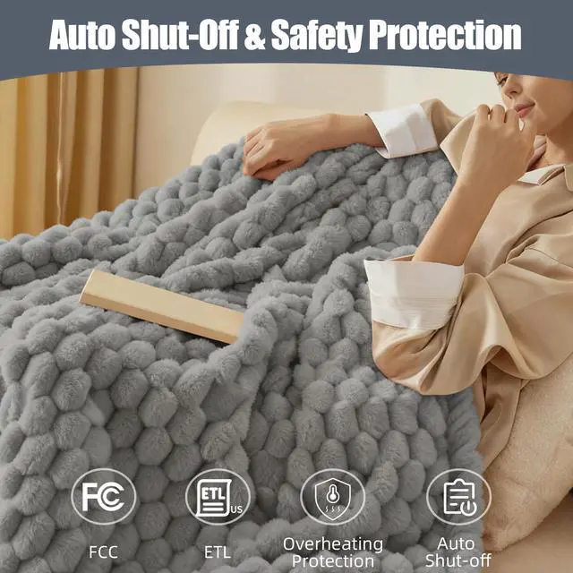 Alt view image 6 of 7 - Eastsora Heated Blanket Throw 50" x 60" Soft Ribbed Faux Fur Flannel Fast Heating 12 Heat Levels 112H Timer & Overheat Protection & Auto Shut-Off & ETL FCC & Machine Washable Heated Throw