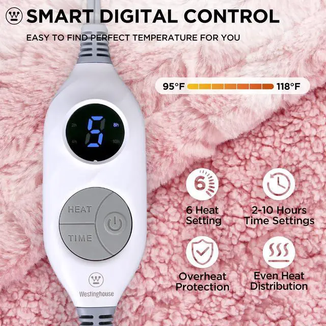 Alt view image 2 of 7 - Westinghouse Electric Throw Blanket, Faux Fur Heated Blanket with 6 Heating Levels & 2-10 Hours Auto Off, Soft Cozy Sherpa Heated Blanket Washable Blanket (50" x 60" Throw Size, Pink)