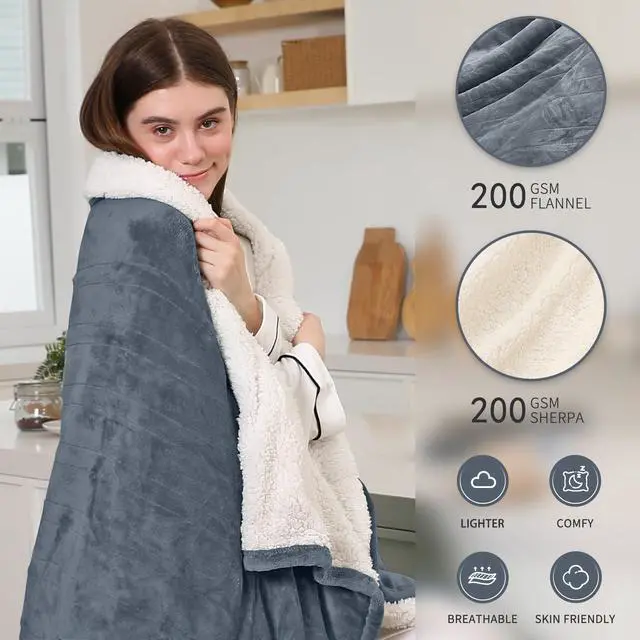 Alt view image 3 of 7 - Heated Throw Blanket, Electric Blanket Throw with 5 Heating Levels & 4 Hours Auto Off, Super Soft Flannel Sherpa Fast Heating Blanket with ETL Certified for Bedding, 50"x60", Gray