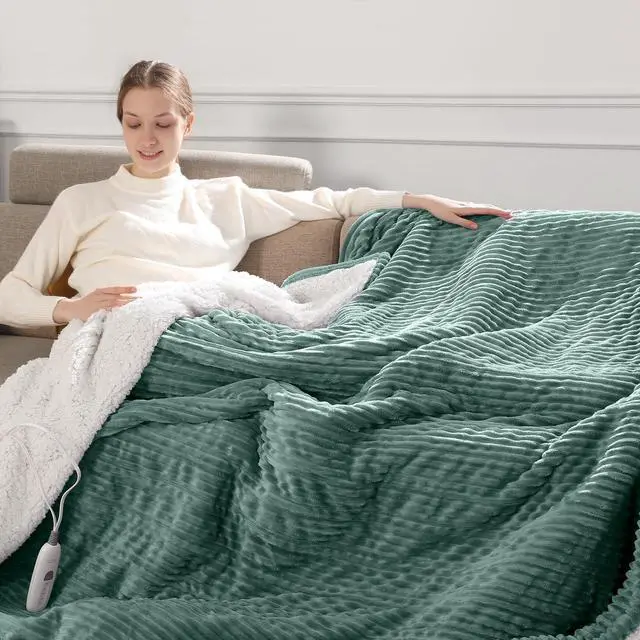 Main image of Heated Blanket Throw 50''x60'', Heating Blanket Striped Flannel & Thicker Sherpa, 5 Heat Settings & 4 Hour Auto Off with FCC/ETL Certified, Overheat Protection & Machine Washable, Great Gift, Teal
