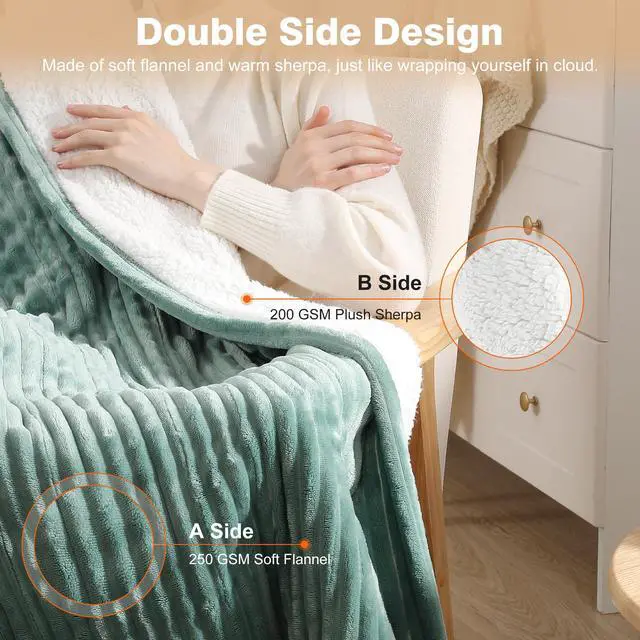 Alt view image 3 of 7 - Heated Blanket Throw 50''x60'', Heating Blanket Striped Flannel & Thicker Sherpa, 5 Heat Settings & 4 Hour Auto Off with FCC/ETL Certified, Overheat Protection & Machine Washable, Great Gift, Teal