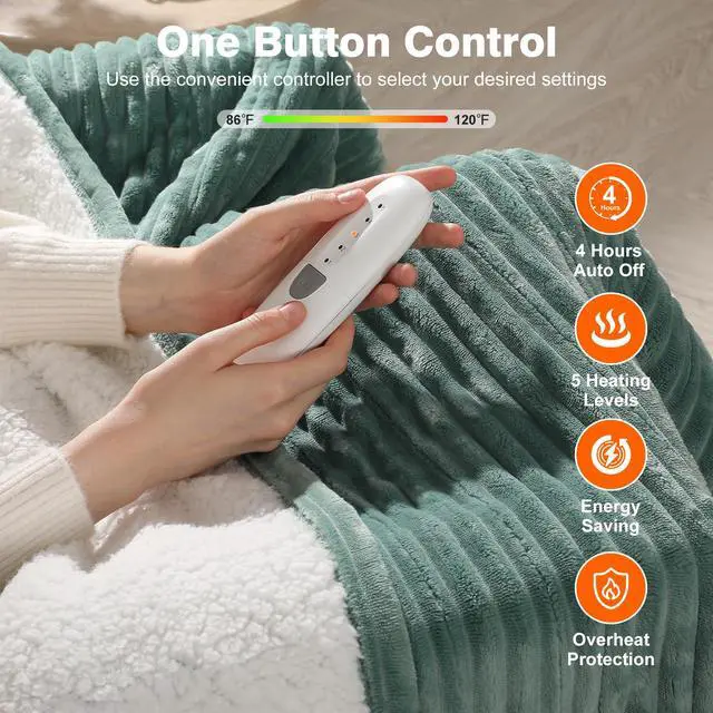 Alt view image 2 of 7 - Heated Blanket Throw 50''x60'', Heating Blanket Striped Flannel & Thicker Sherpa, 5 Heat Settings & 4 Hour Auto Off with FCC/ETL Certified, Overheat Protection & Machine Washable, Great Gift, Teal