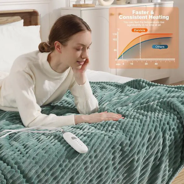 Alt view image 4 of 7 - Heated Blanket Throw 50''x60'', Heating Blanket Striped Flannel & Thicker Sherpa, 5 Heat Settings & 4 Hour Auto Off with FCC/ETL Certified, Overheat Protection & Machine Washable, Great Gift, Teal