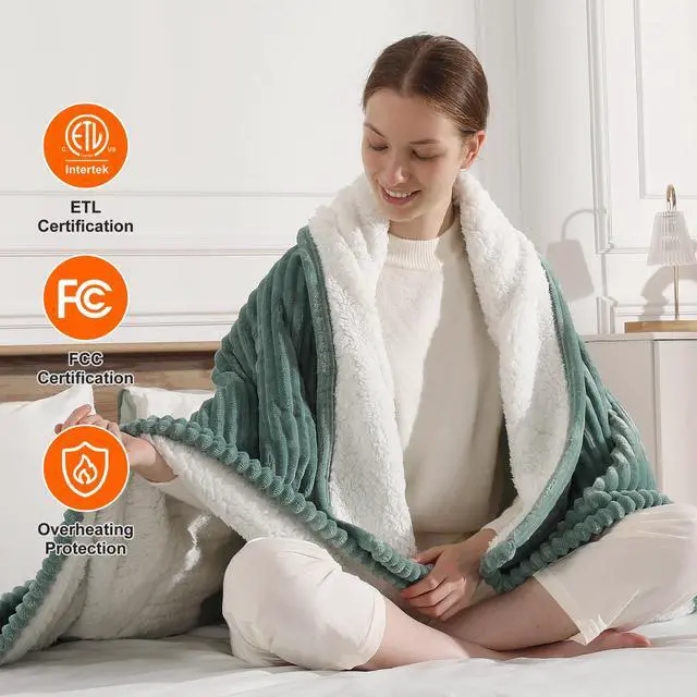 Alt view image 5 of 7 - Heated Blanket Throw 50''x60'', Heating Blanket Striped Flannel & Thicker Sherpa, 5 Heat Settings & 4 Hour Auto Off with FCC/ETL Certified, Overheat Protection & Machine Washable, Great Gift, Teal