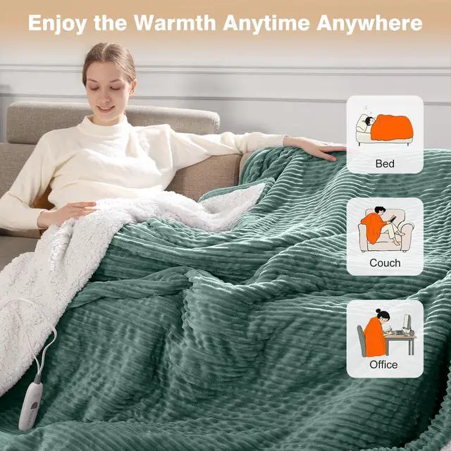 Alt view image 6 of 7 - Heated Blanket Throw 50''x60'', Heating Blanket Striped Flannel & Thicker Sherpa, 5 Heat Settings & 4 Hour Auto Off with FCC/ETL Certified, Overheat Protection & Machine Washable, Great Gift, Teal