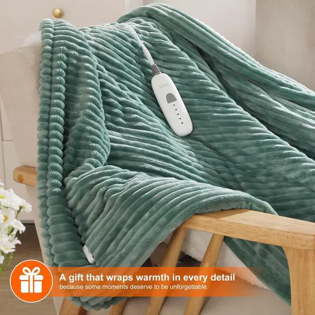 Alt view image 7 of 7 - Heated Blanket Throw 50''x60'', Heating Blanket Striped Flannel & Thicker Sherpa, 5 Heat Settings & 4 Hour Auto Off with FCC/ETL Certified, Overheat Protection & Machine Washable, Great Gift, Teal