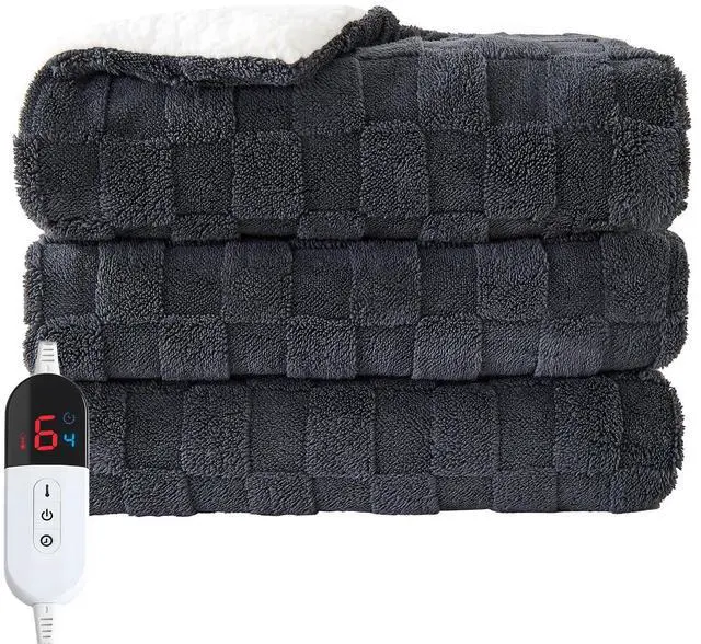 Main image of Easthome Electric Heated Throw Blanket - Jacquard Checkered Sherpa 50"x60" Fast Heating Bed Blankets with 6 Heating Levels & 4 Hours Auto Off, Over-Heat Protection ETL, Dark Gray