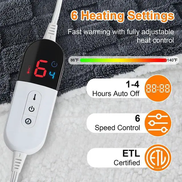 Alt view image 3 of 7 - Easthome Electric Heated Throw Blanket - Jacquard Checkered Sherpa 50"x60" Fast Heating Bed Blankets with 6 Heating Levels & 4 Hours Auto Off, Over-Heat Protection ETL, Dark Gray