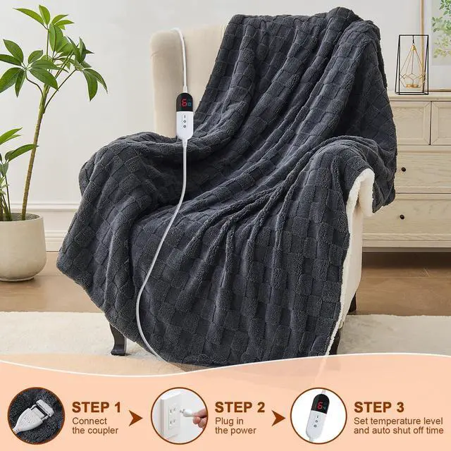 Alt view image 6 of 7 - Easthome Electric Heated Throw Blanket - Jacquard Checkered Sherpa 50"x60" Fast Heating Bed Blankets with 6 Heating Levels & 4 Hours Auto Off, Over-Heat Protection ETL, Dark Gray