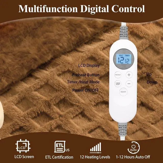 Alt view image 2 of 7 - Heated Blanket Electric,Waffle Heating Blanket with 12 Heat Levels, Fast Heating Blanket with 1-12 Timer Settings, Overheat Protection with ETL & FCC for Home Office Sofa-50"x60"