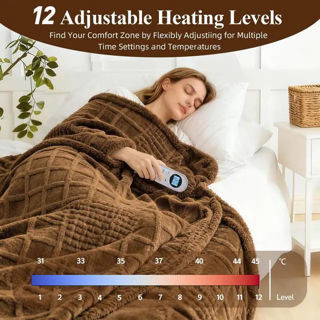 Alt view image 3 of 7 - Heated Blanket Electric,Waffle Heating Blanket with 12 Heat Levels, Fast Heating Blanket with 1-12 Timer Settings, Overheat Protection with ETL & FCC for Home Office Sofa-50"x60"