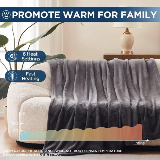Alt view image 4 of 7 - Electric Blanket Heated Throw, Super Cozy Soft Flannel 50"" x 60"" Heated Throw with 6 Fast Heating Levels & 2-10 Auto-Off, Machine Washable, ETL&FCC Certification, Home Office Use, Grey