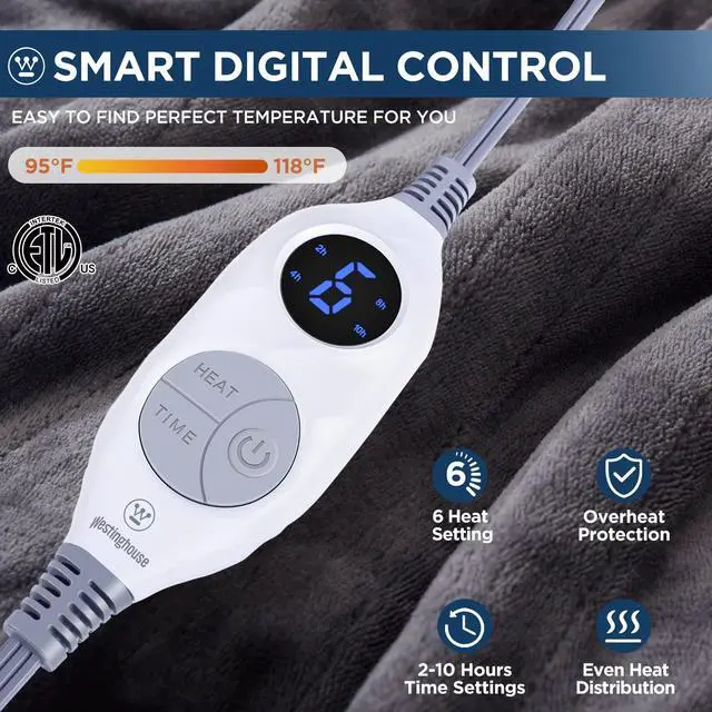 Alt view image 5 of 7 - Electric Blanket Heated Throw, Super Cozy Soft Flannel 50"" x 60"" Heated Throw with 6 Fast Heating Levels & 2-10 Auto-Off, Machine Washable, ETL&FCC Certification, Home Office Use, Grey