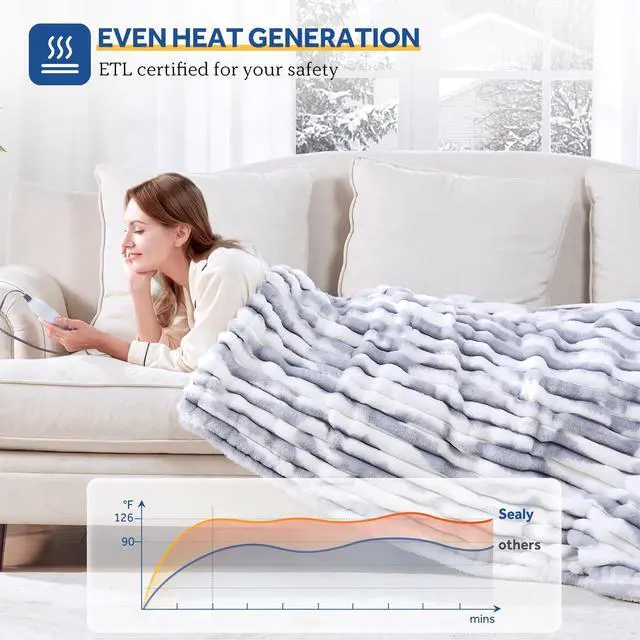 Alt view image 2 of 6 - Electric Blanket Throw Size 50"*60",Super Cozy Faux Fur to Sherpa Reversible Heated Blanket Throw with 6 Heating Levels & 2-10 Hours Auto Off Overheating Protection Machine Washable,Blue White