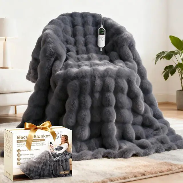 Main image of Heated Blanket Throw, Fast Heating Blanket Throw with 1/2/4/6/9/12 Hours Auto-Off 8 Heat Level, 62'' * 84'' Cozy Faux Rabbit Fur Bubble Blanket, Soft Fluffy Warm Blanket(Dark Grey)
