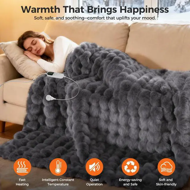 Alt view image 2 of 7 - Heated Blanket Throw, Fast Heating Blanket Throw with 1/2/4/6/9/12 Hours Auto-Off 8 Heat Level, 62'' * 84'' Cozy Faux Rabbit Fur Bubble Blanket, Soft Fluffy Warm Blanket(Dark Grey)