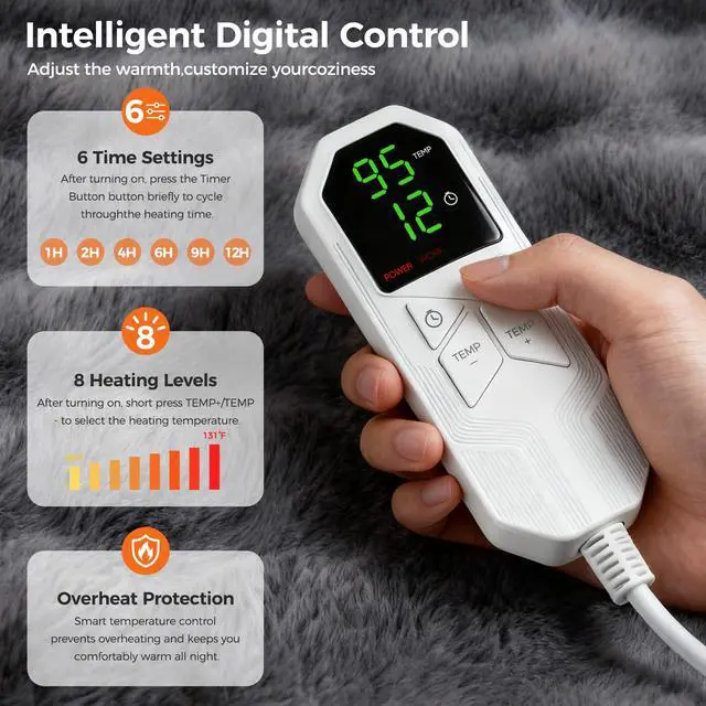 Alt view image 4 of 7 - Heated Blanket Throw, Fast Heating Blanket Throw with 1/2/4/6/9/12 Hours Auto-Off 8 Heat Level, 62'' * 84'' Cozy Faux Rabbit Fur Bubble Blanket, Soft Fluffy Warm Blanket(Dark Grey)