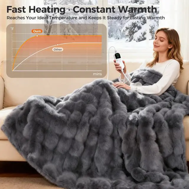 Alt view image 3 of 7 - Heated Blanket Throw, Fast Heating Blanket Throw with 1/2/4/6/9/12 Hours Auto-Off 8 Heat Level, 62'' * 84'' Cozy Faux Rabbit Fur Bubble Blanket, Soft Fluffy Warm Blanket(Dark Grey)