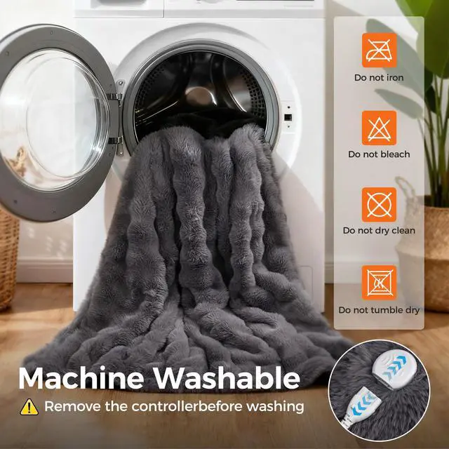 Alt view image 5 of 7 - Heated Blanket Throw, Fast Heating Blanket Throw with 1/2/4/6/9/12 Hours Auto-Off 8 Heat Level, 62'' * 84'' Cozy Faux Rabbit Fur Bubble Blanket, Soft Fluffy Warm Blanket(Dark Grey)