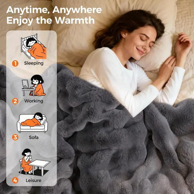 Alt view image 7 of 7 - Heated Blanket Throw, Fast Heating Blanket Throw with 1/2/4/6/9/12 Hours Auto-Off 8 Heat Level, 62'' * 84'' Cozy Faux Rabbit Fur Bubble Blanket, Soft Fluffy Warm Blanket(Dark Grey)