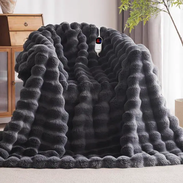 Main image of Heated Blanket Throw with 1/2/4/6/8 Hours Auto-Off 10 Heat Level, 50'' * 60'' Cozy Faux Rabbit Fur Bubble Electric Blanket with Overheat Protection(Dark Grey)