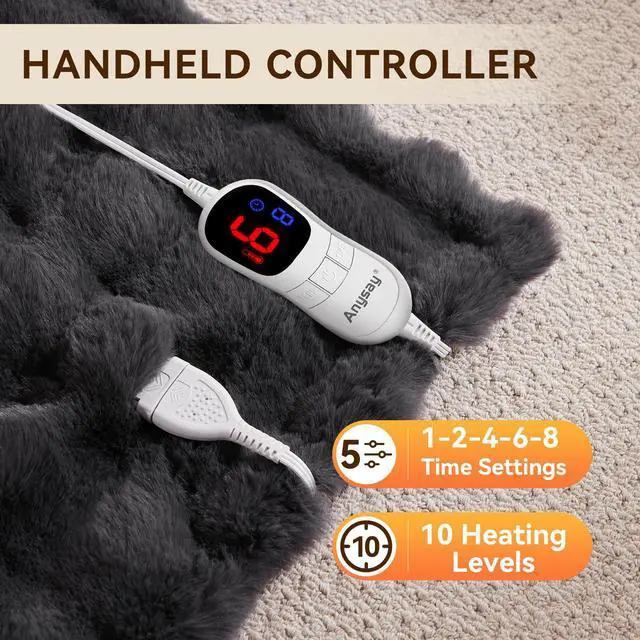 Alt view image 4 of 6 - Heated Blanket Throw with 1/2/4/6/8 Hours Auto-Off 10 Heat Level, 50'' * 60'' Cozy Faux Rabbit Fur Bubble Electric Blanket with Overheat Protection(Dark Grey)
