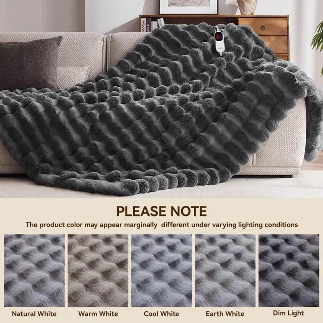 Alt view image 6 of 6 - Heated Blanket Throw with 1/2/4/6/8 Hours Auto-Off 10 Heat Level, 50'' * 60'' Cozy Faux Rabbit Fur Bubble Electric Blanket with Overheat Protection(Dark Grey)