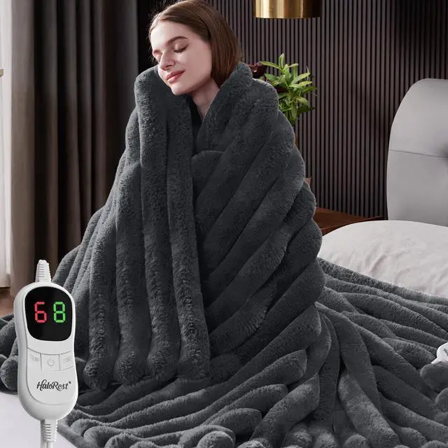 Main image of HaloRest Heated Throw Blanket, Faux Fur Cozy Heating Blanket with Overheat Protection, 1/2/4/6/8 Hours Auto-Off 10 Heat Level, Machine Washable (50x60 Inches, Darkgrey)