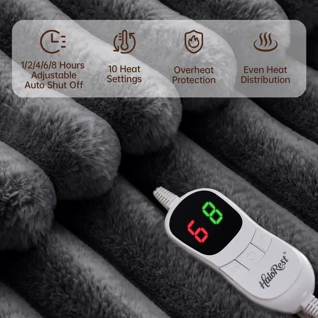 Alt view image 3 of 7 - HaloRest Heated Throw Blanket, Faux Fur Cozy Heating Blanket with Overheat Protection, 1/2/4/6/8 Hours Auto-Off 10 Heat Level, Machine Washable (50x60 Inches, Darkgrey)