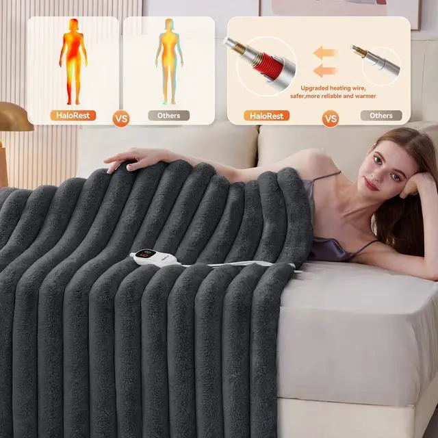 Alt view image 2 of 7 - HaloRest Heated Throw Blanket, Faux Fur Cozy Heating Blanket with Overheat Protection, 1/2/4/6/8 Hours Auto-Off 10 Heat Level, Machine Washable (50x60 Inches, Darkgrey)