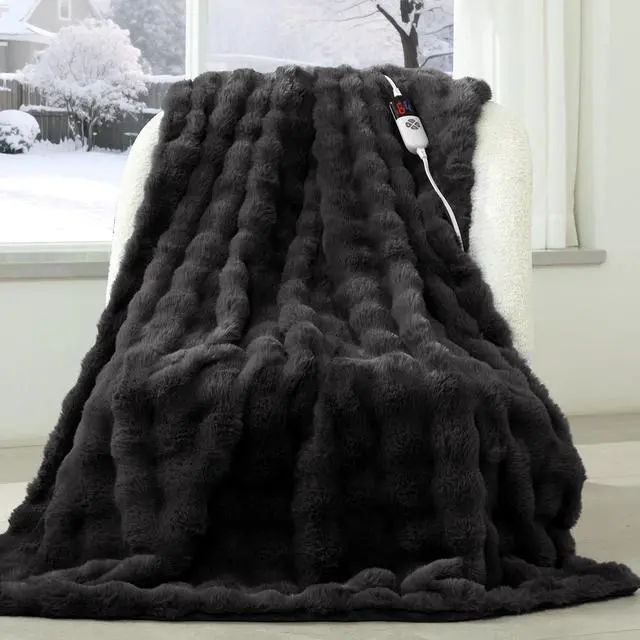 Main image of VELLUBAM Faux Fur Heated Blanket Throw Dark Grey - Luxury Fluffy Rabbit Bubble Electric Blanket with 6 Heating Levels, 4 Time Settings, Ideal Gift for Women, Machine Washable (50"x60")