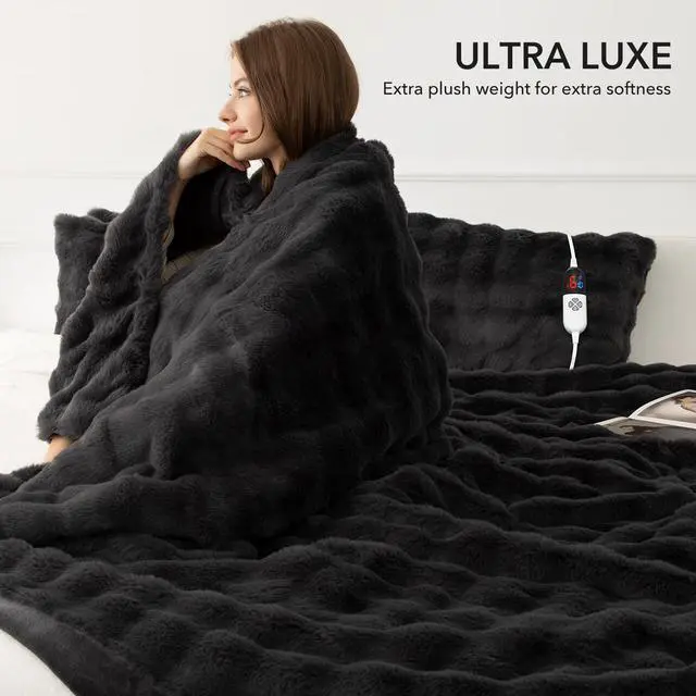 Alt view image 6 of 7 - VELLUBAM Faux Fur Heated Blanket Throw Dark Grey - Luxury Fluffy Rabbit Bubble Electric Blanket with 6 Heating Levels, 4 Time Settings, Ideal Gift for Women, Machine Washable (50"x60")