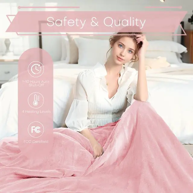 Alt view image 2 of 7 - Electric Heated Blanket Queen Size 84"x90" - Coral Fleece & Sherpa Fabric Dual-Sided, 4 Heat Settings & 10 Hours Auto Off, Soft Warming Throw for Home, Office, or Bed, Machine Washable, Light Pink