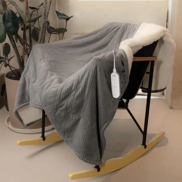 Alt view image 2 of 7 - LuxeHeat Heated Blanket Throw, Soft Flannel Sherpa, Electric Blanket 5 Heat Settings, Fast Heating, Heating Throw Blanket 3 Hours Timer Auto Shut Off, Machine Washable, 50×60 Inches, Grey